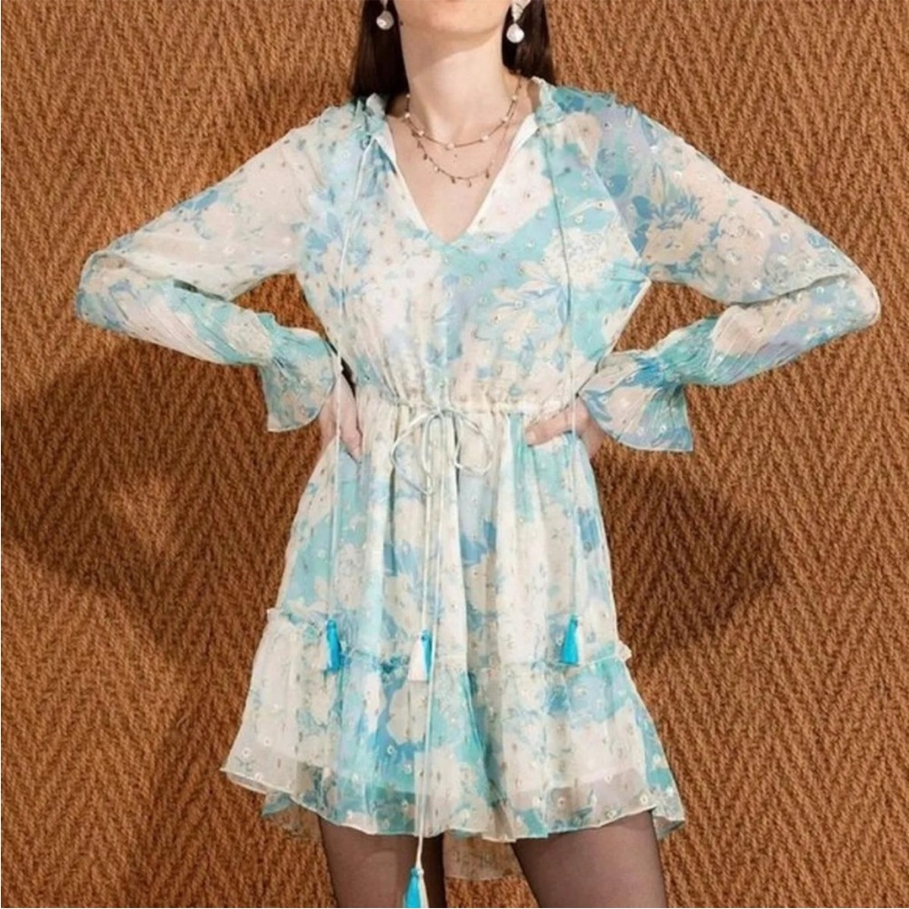 HEMANT & NANDITA Aqua Blue and White Floral Tie-Waist Chiffon Dress